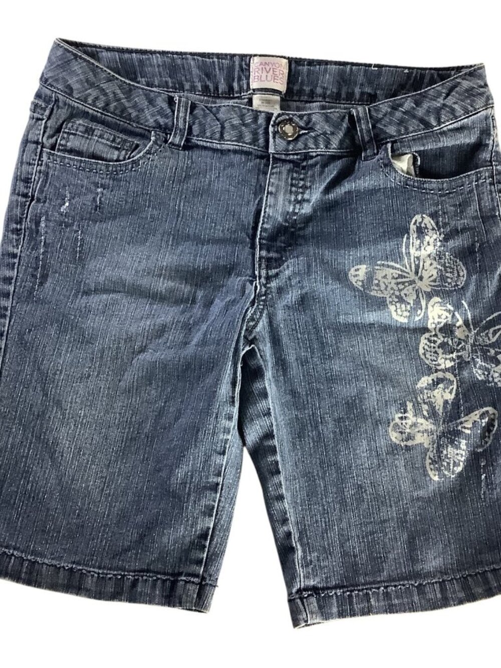 Girls Butterfly Print Denim Bermuda‎ Shorts Size 14 1/2 Elastic Waist